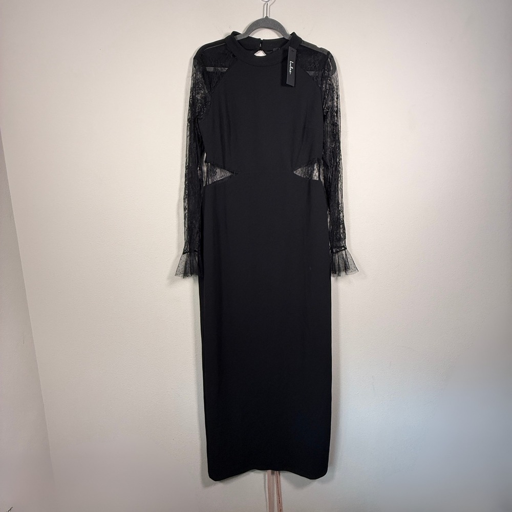 Lulus Black Lace Long Sleeve Cutout Open Back Maxi Dress XL New